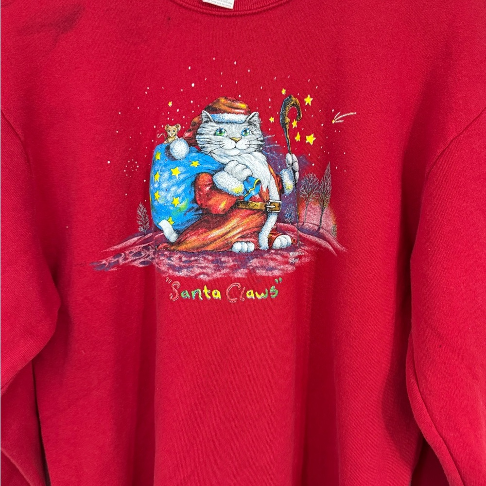 Vintage Morning Sun Santa Claws Cat Graphic Print Sweater Red Size Medium - Picture 9 of 9